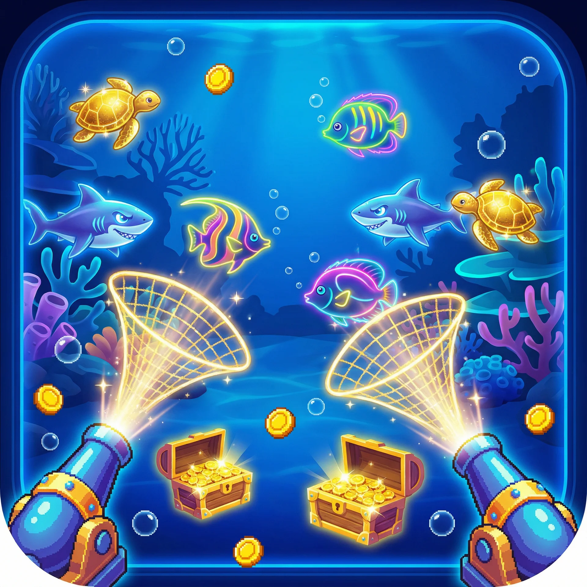 AG捕鱼游戏中色彩缤纷的海底世界和金色渔网