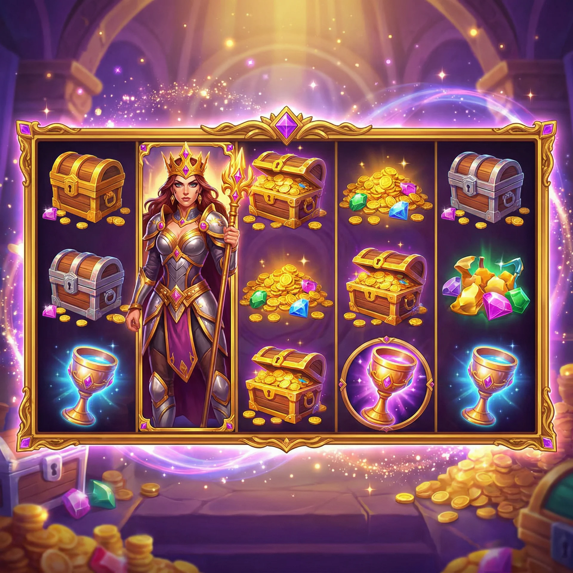 赏金女王游戏中华丽的女王角色和宝藏场景