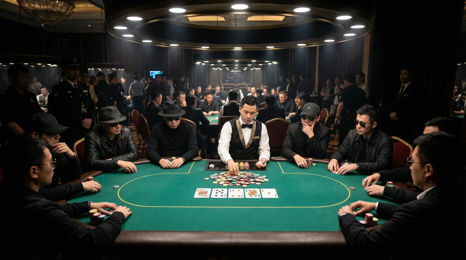 德州扑克锦标赛现场选手对决的紧张氛围